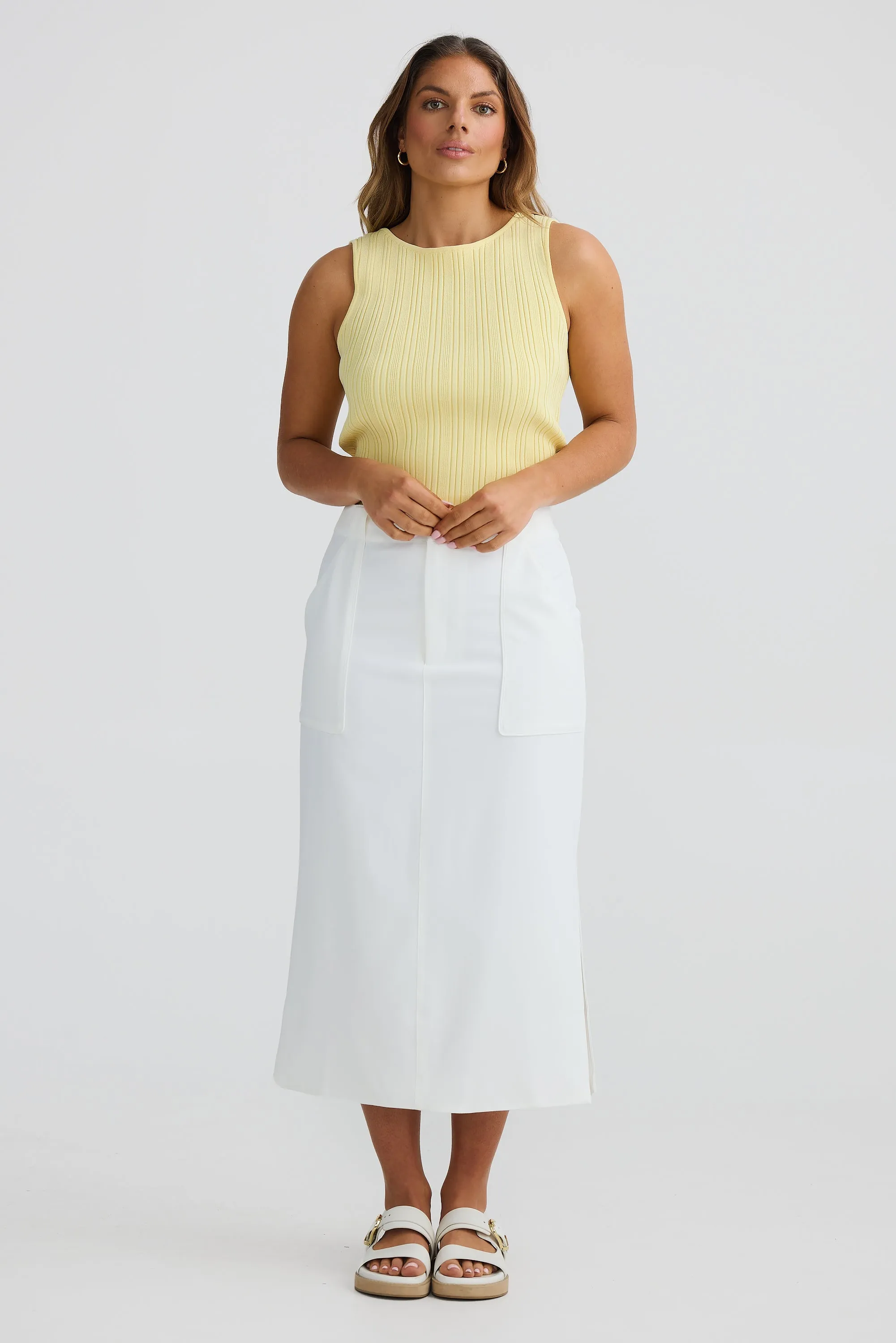 Straight Pocket Midi Skirt - White