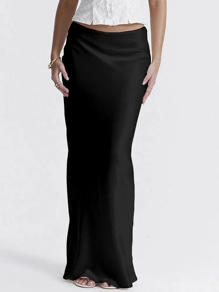 Street Satin High Party Waist Long Casual Temperament Slim Solid Skirt