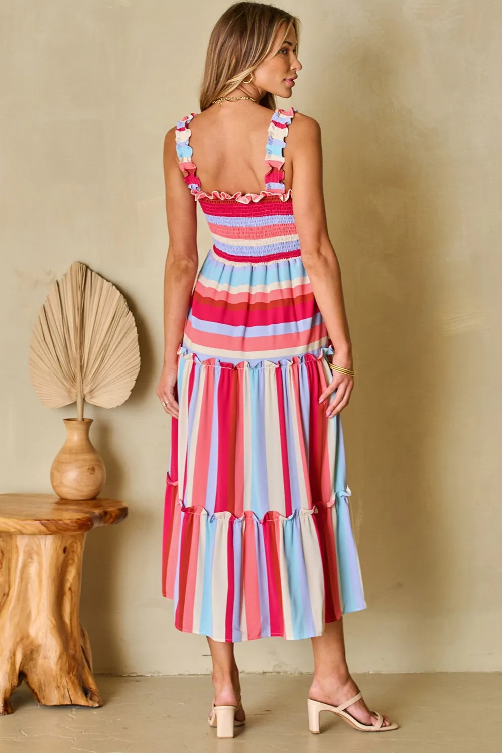 Striped Frill Smocked Tiered Midi Dress