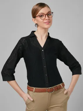 Style Quotient Women Black Self Design Cotton Regular Smart Casual Shirt