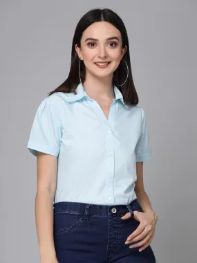 Style Quotient Women Light Blue Cotton Blend Formal Short Sleeve Shirt