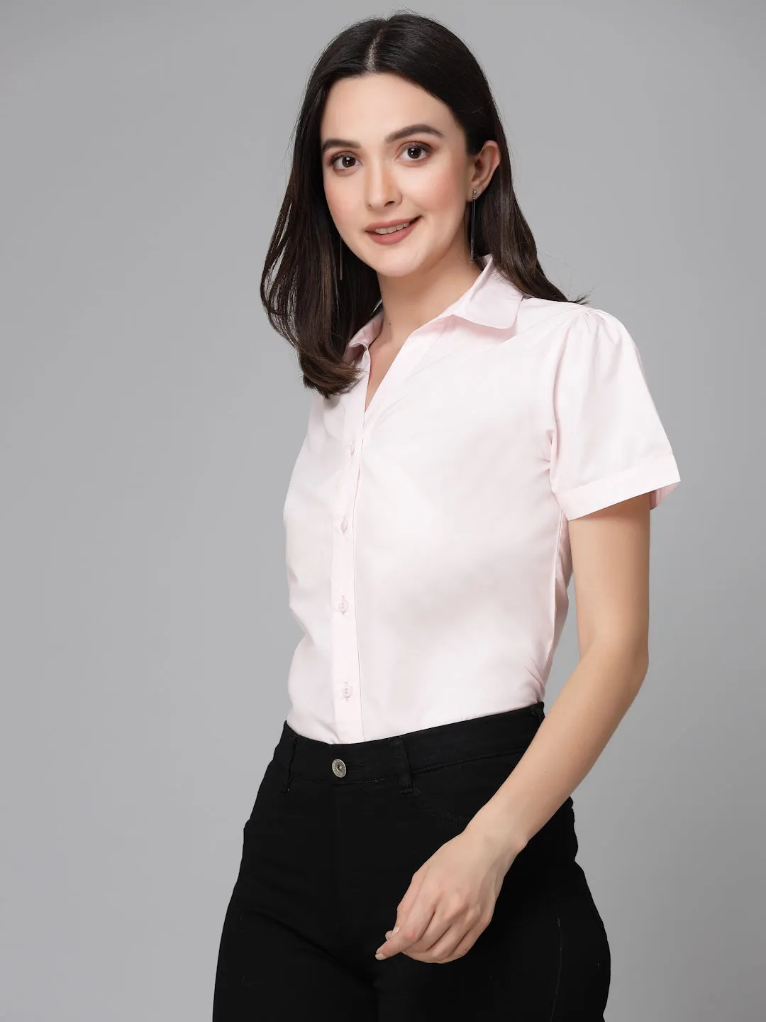 Style Quotient Women Light Pink Cotton Blend Formal Short Sleeve Shirt