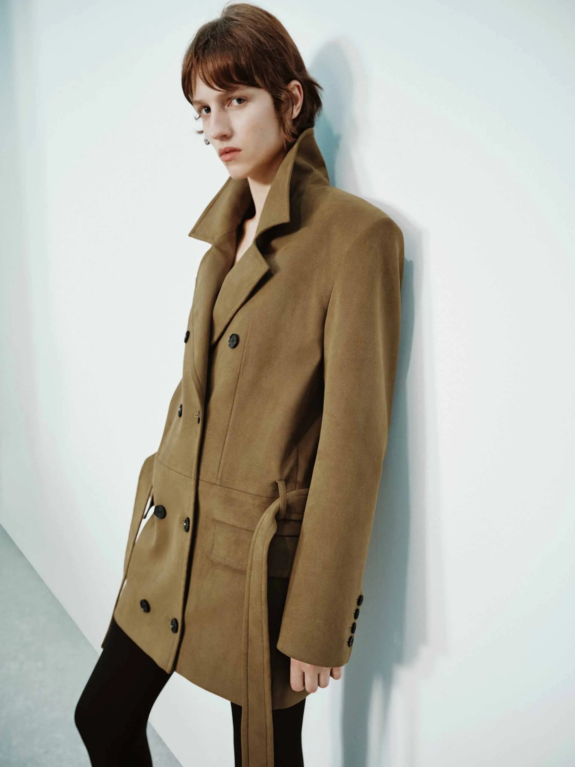 Suede Texture Belted Coat