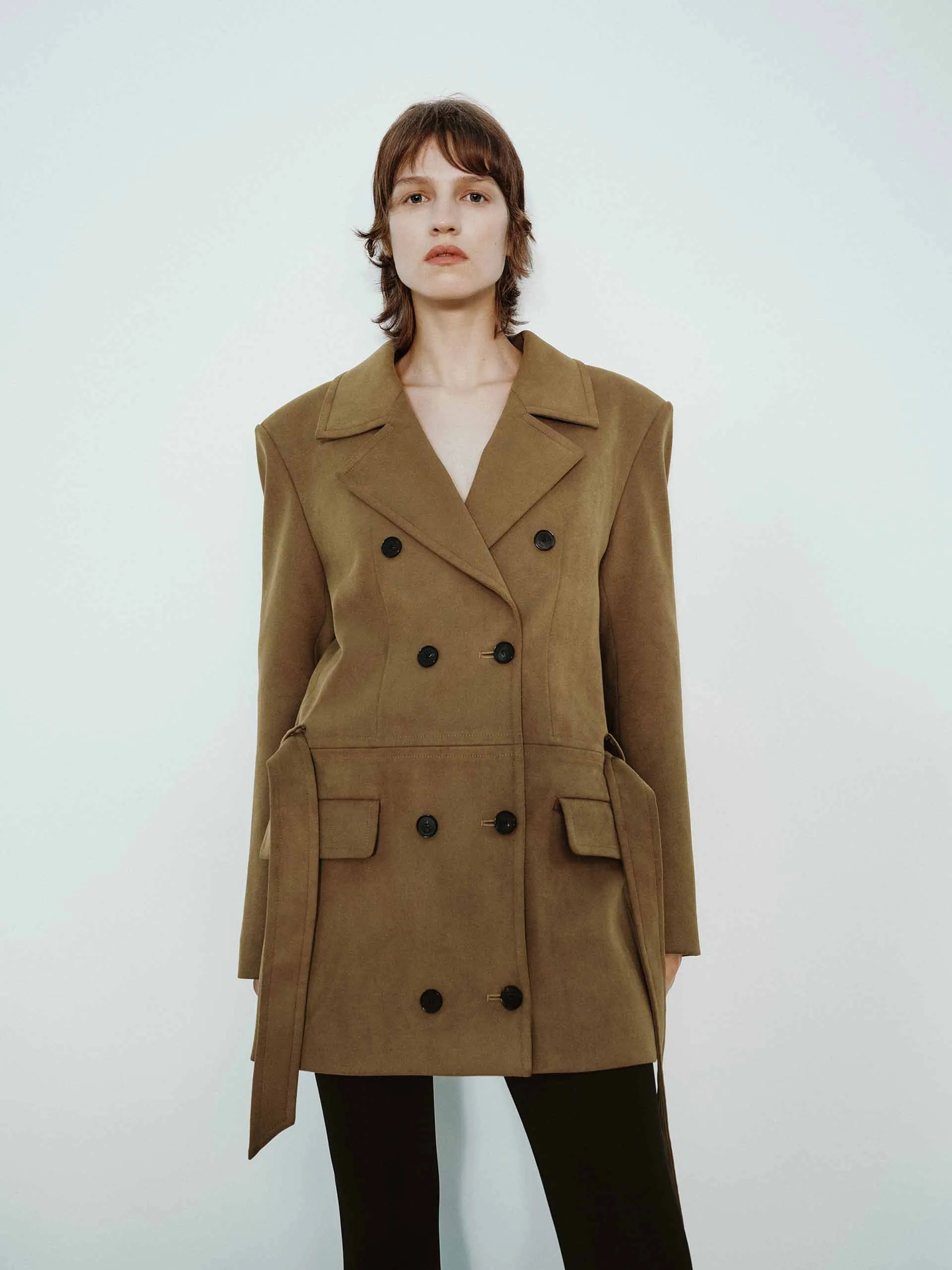 Suede Texture Belted Coat