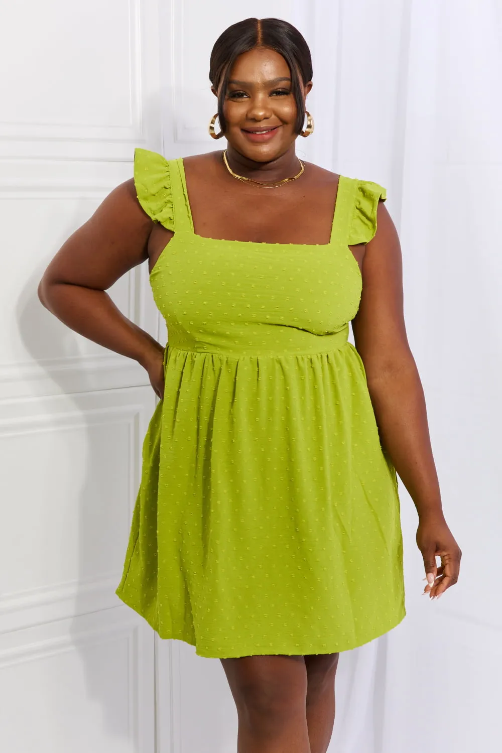 Sunny Days Full Size Empire Line Ruffle Sleeve Dress in Lime