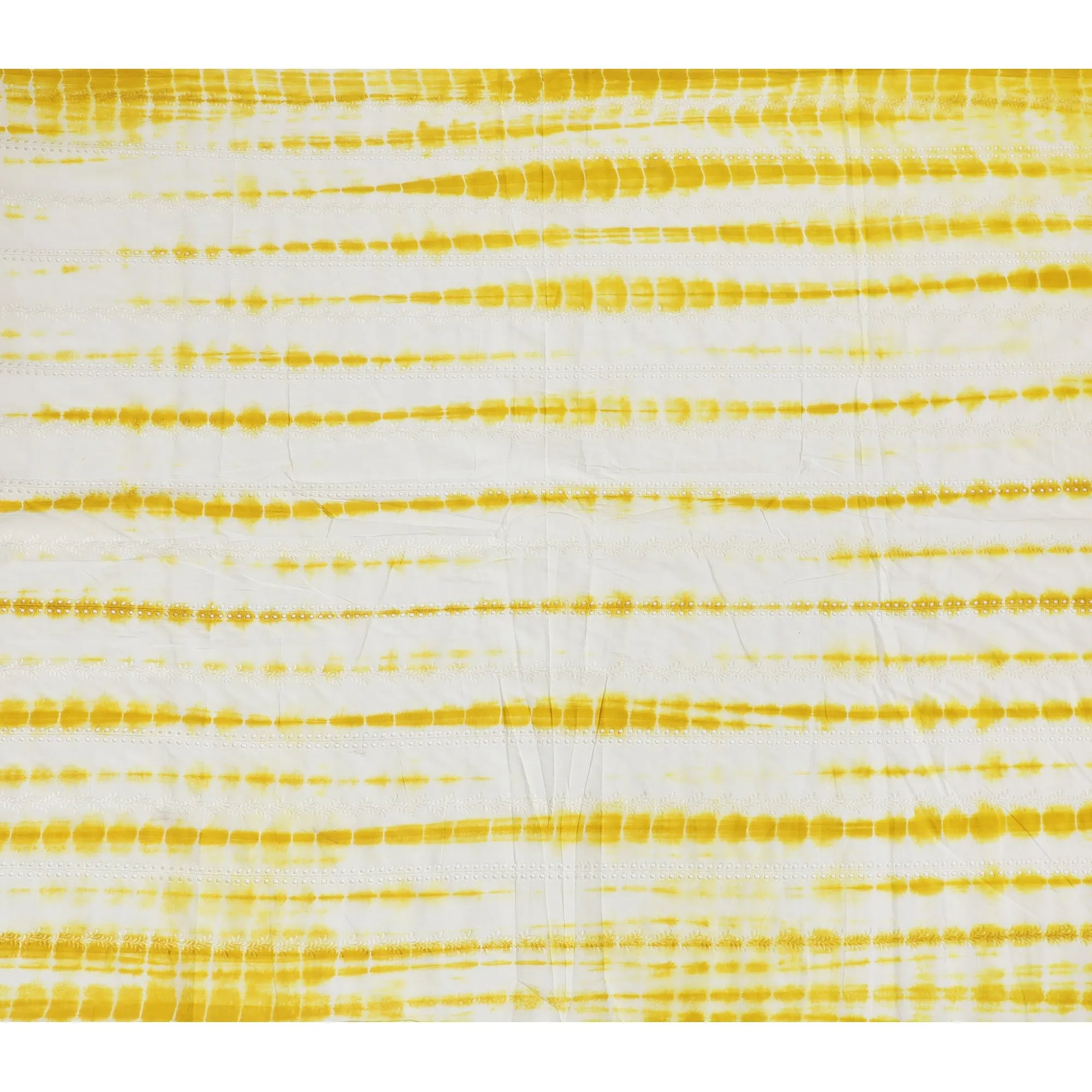 Sunny Yellow and White Tie-Dye Synthetic Chinon Fabric with Embroidery, 110 cm Width-D19664