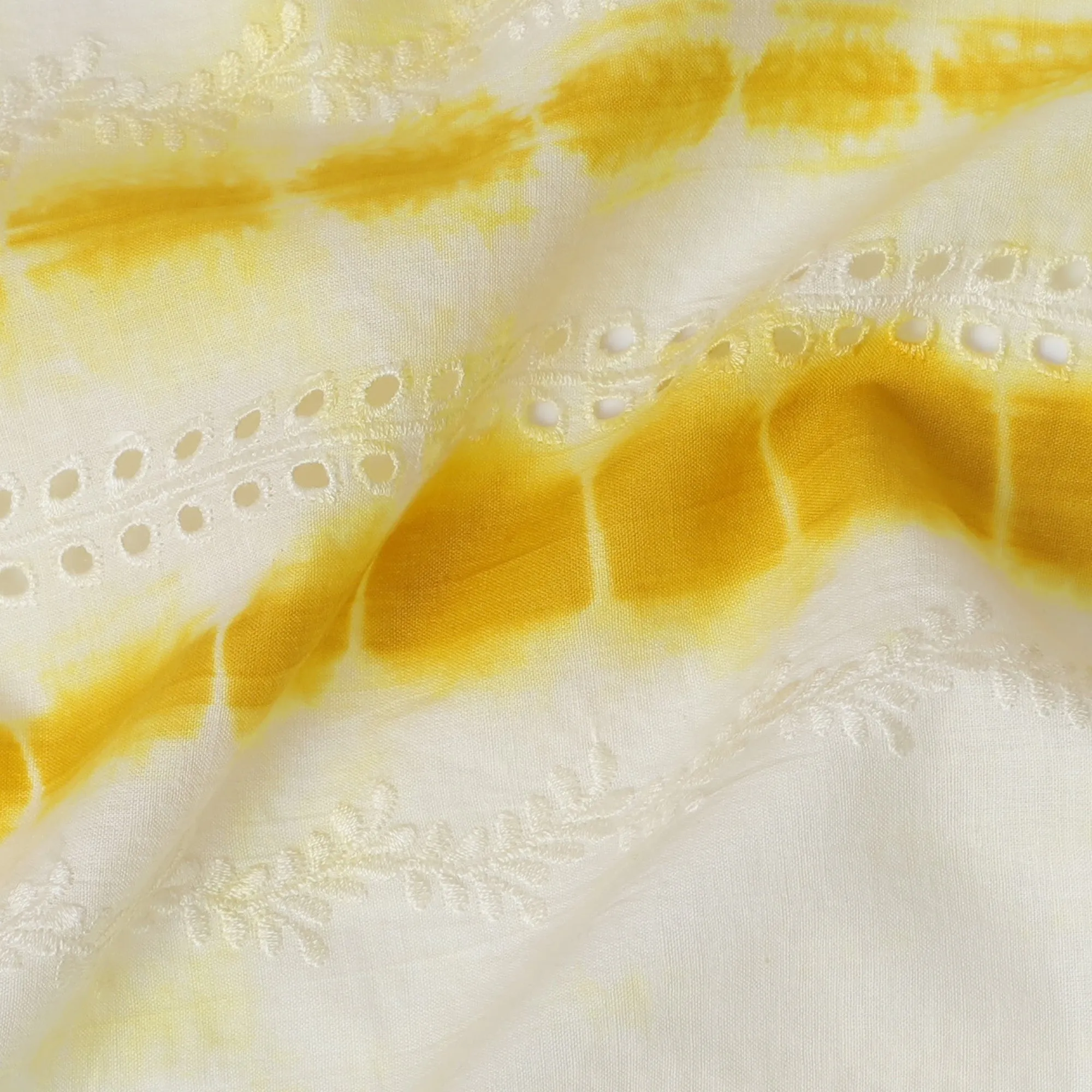 Sunny Yellow and White Tie-Dye Synthetic Chinon Fabric with Embroidery, 110 cm Width-D19664