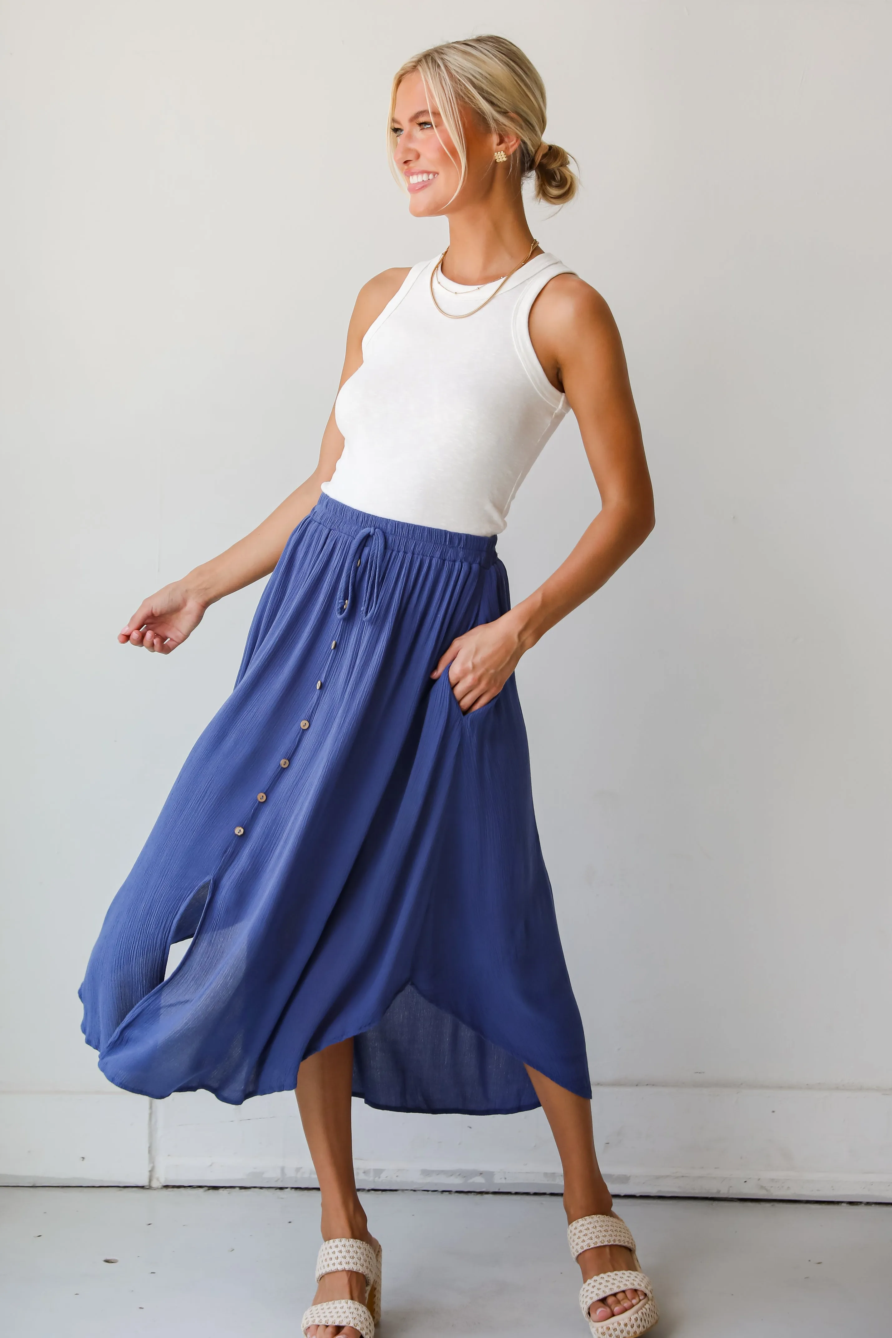 Sweetly Sophisticated Blue Button Front Midi Skirt