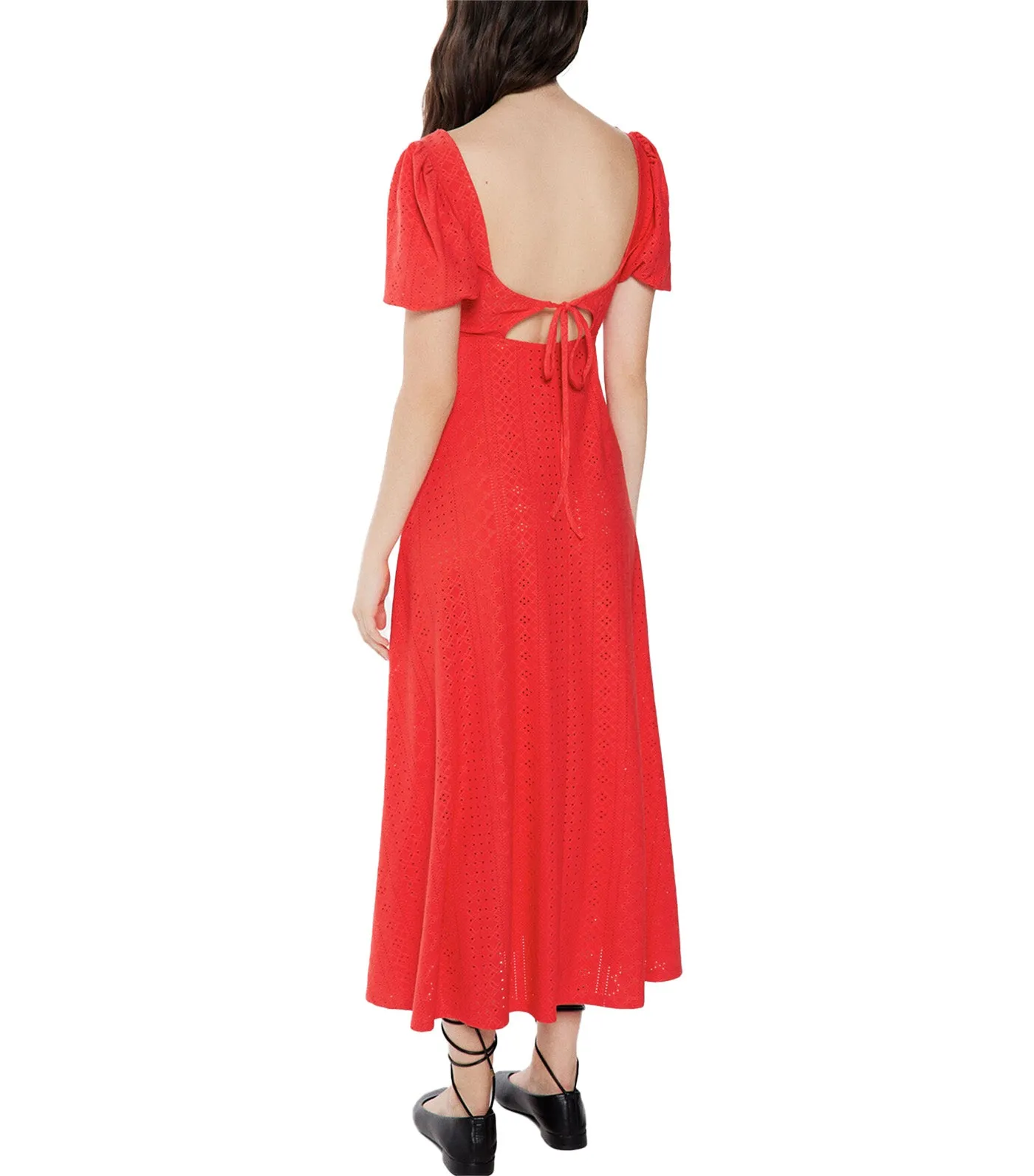 Swiss Embroidery Circular Midi Dress Red