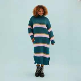 Tanya Roll Neck Stripe Knitted Midi Dress - Teal