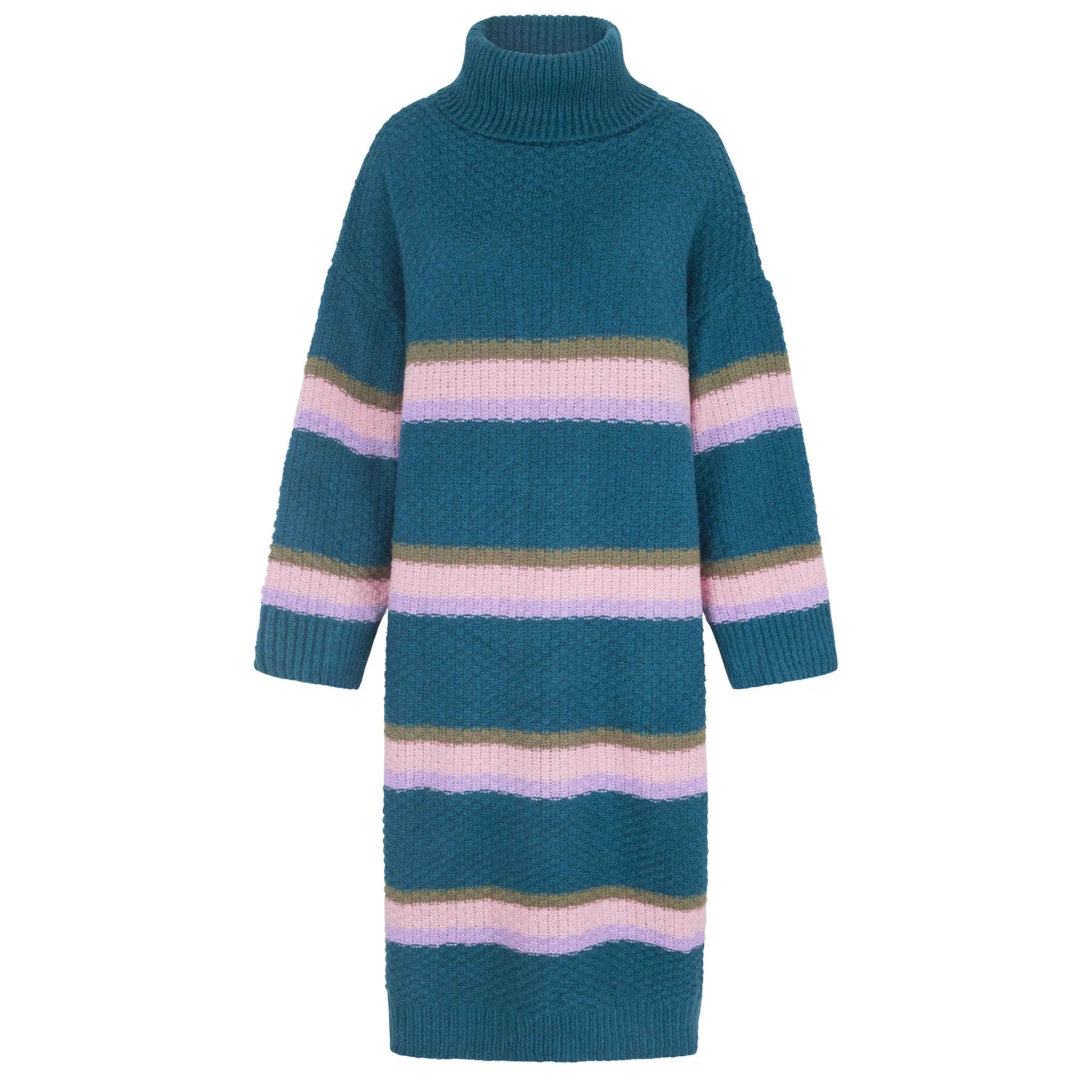 Tanya Roll Neck Stripe Knitted Midi Dress - Teal