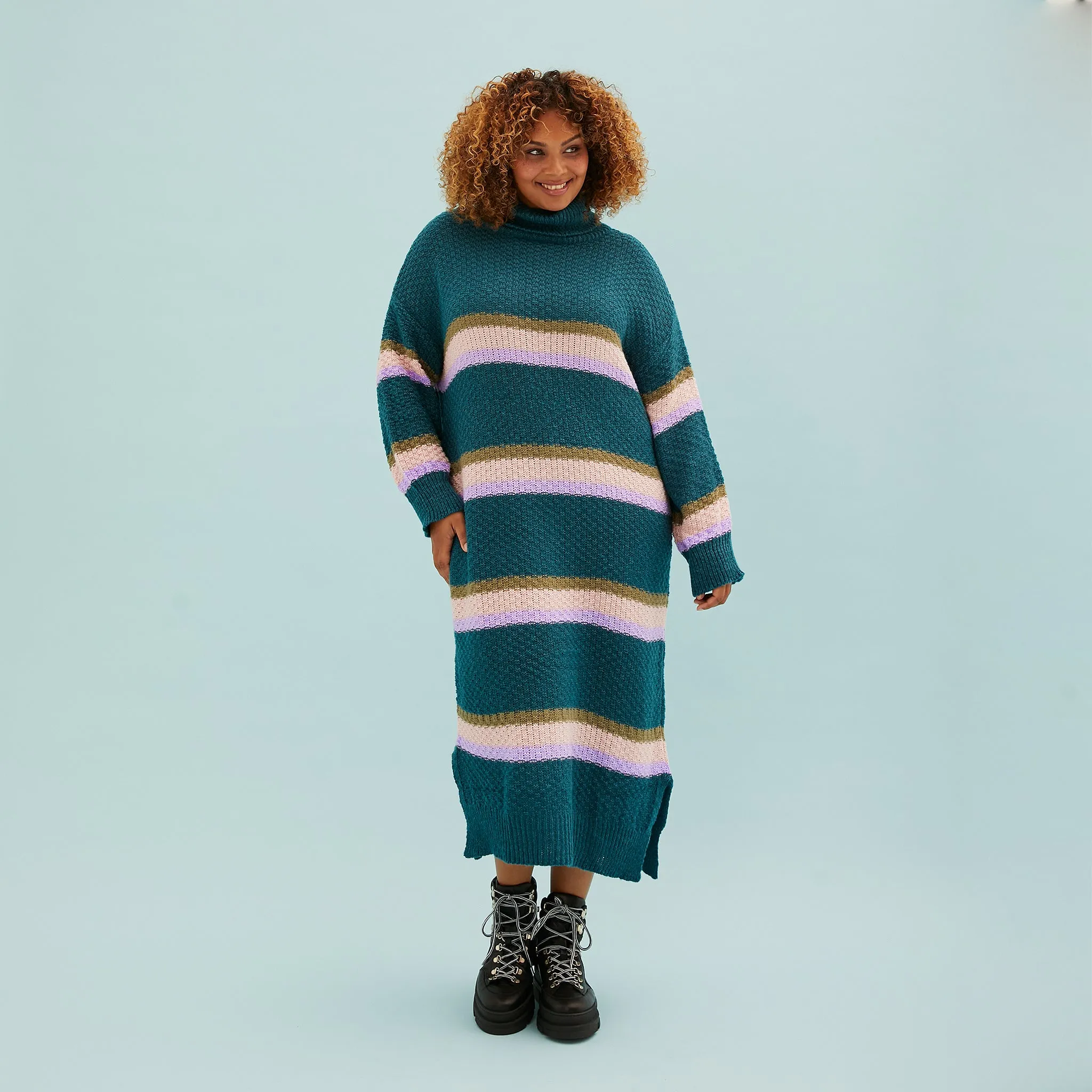 Tanya Roll Neck Stripe Knitted Midi Dress - Teal