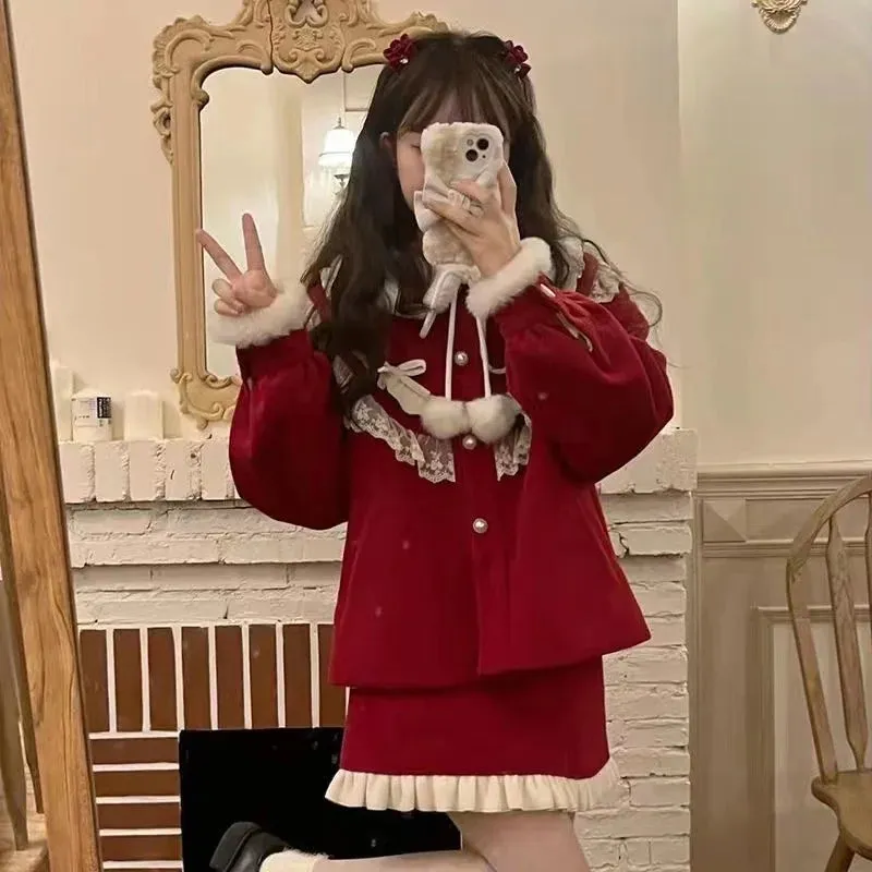 TAVIMART  -  Christmas Red Jacket Japanese Soft Girl Doll Neck Cute Thickened Coat 3 Piece Set Shirt Female Winter Sweet Girl Skirt Slim Fit