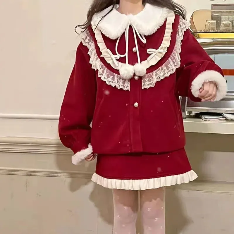 TAVIMART  -  Christmas Red Jacket Japanese Soft Girl Doll Neck Cute Thickened Coat 3 Piece Set Shirt Female Winter Sweet Girl Skirt Slim Fit