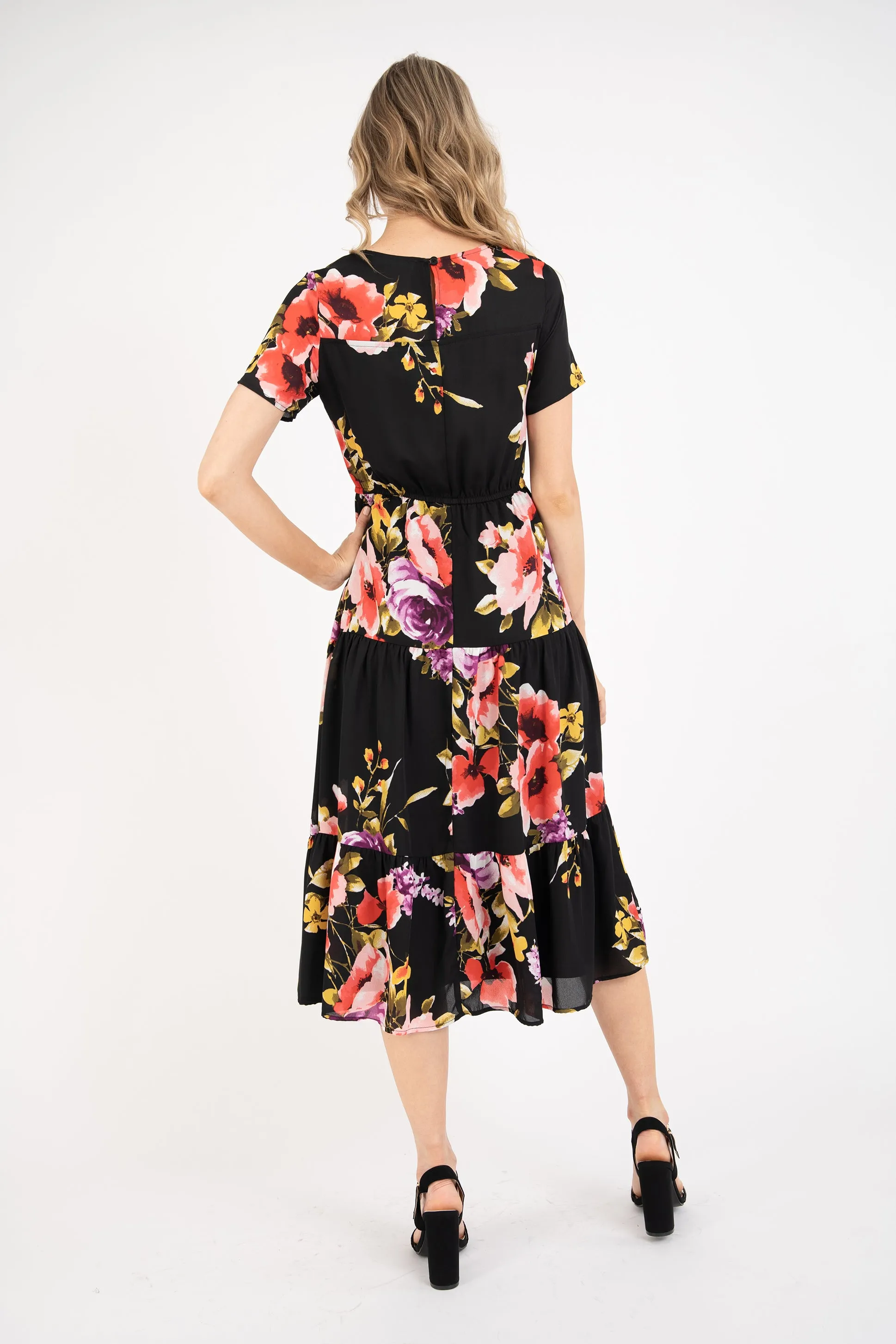 Tiered Black Floral Midi Dress