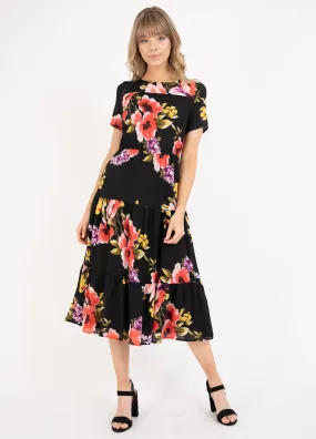 Tiered Black Floral Midi Dress