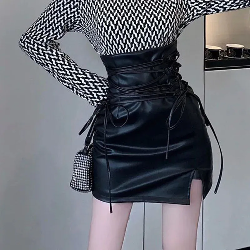 Toleet-Black Leather Mini Skirts Women Gothic High Waist Slim Fit Lace-Up Pencil Skirt Female Sexy Club Back Zipper Split Bag Hip Skirt