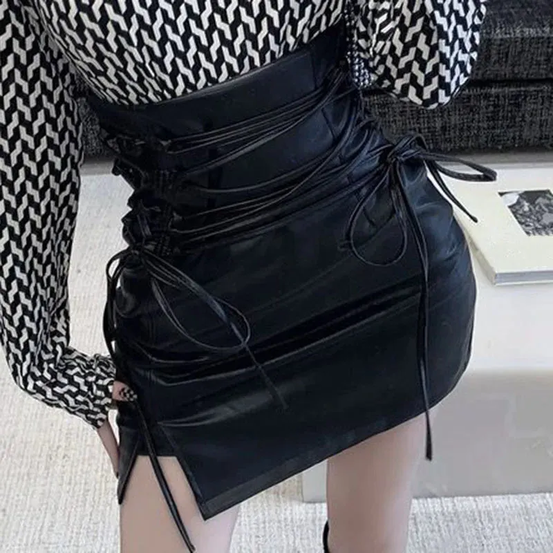 Toleet-Black Leather Mini Skirts Women Gothic High Waist Slim Fit Lace-Up Pencil Skirt Female Sexy Club Back Zipper Split Bag Hip Skirt