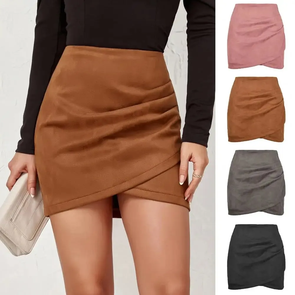 Toleet-Chic Mini Skirt Colorfast Bodycon Skirt Zipper Closure Office Lady Sexy Pleated Suede Pencil Short Skirt  Versatile