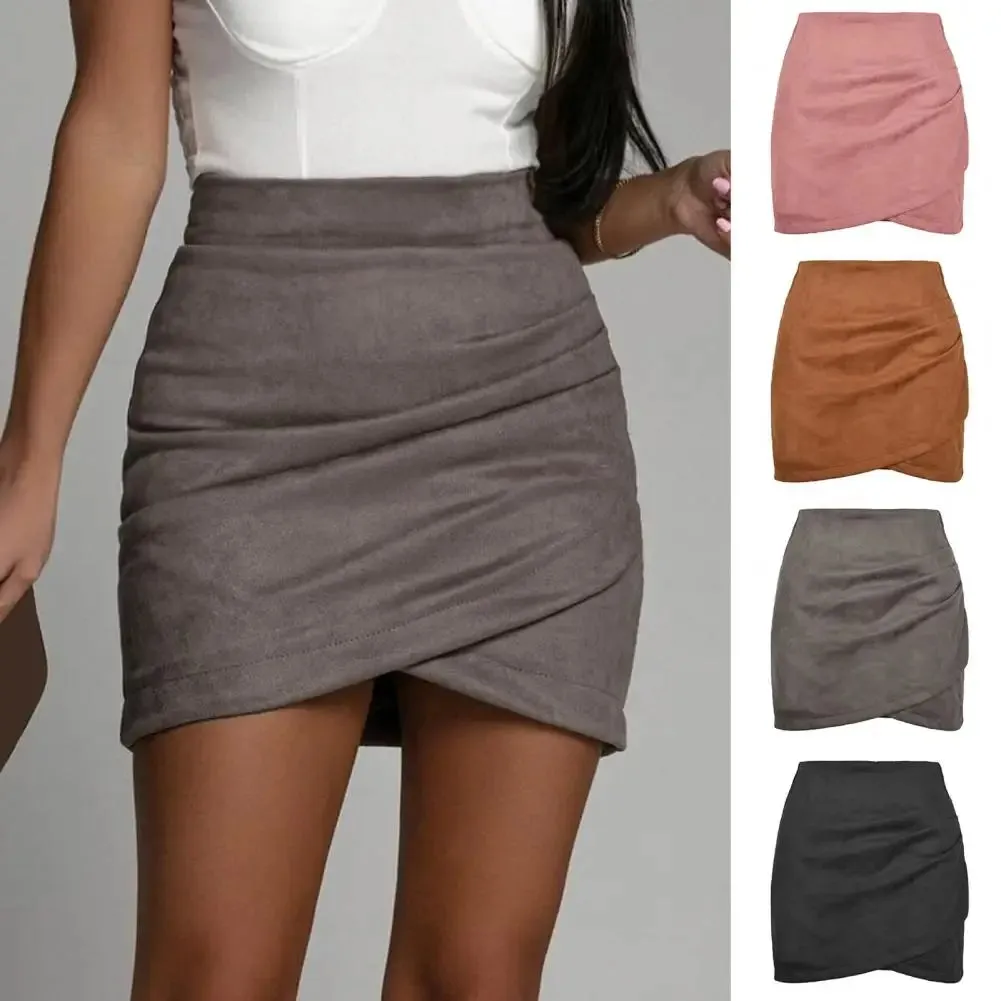 Toleet-Chic Mini Skirt Colorfast Bodycon Skirt Zipper Closure Office Lady Sexy Pleated Suede Pencil Short Skirt  Versatile