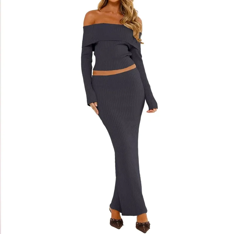 Toleet-Two Piece Outfits Set Off Shoulder T-shirt Long Sleeve Ribbed Knit Crop Tops   Long Skirt Matching Suit Elegant Women Streetwear