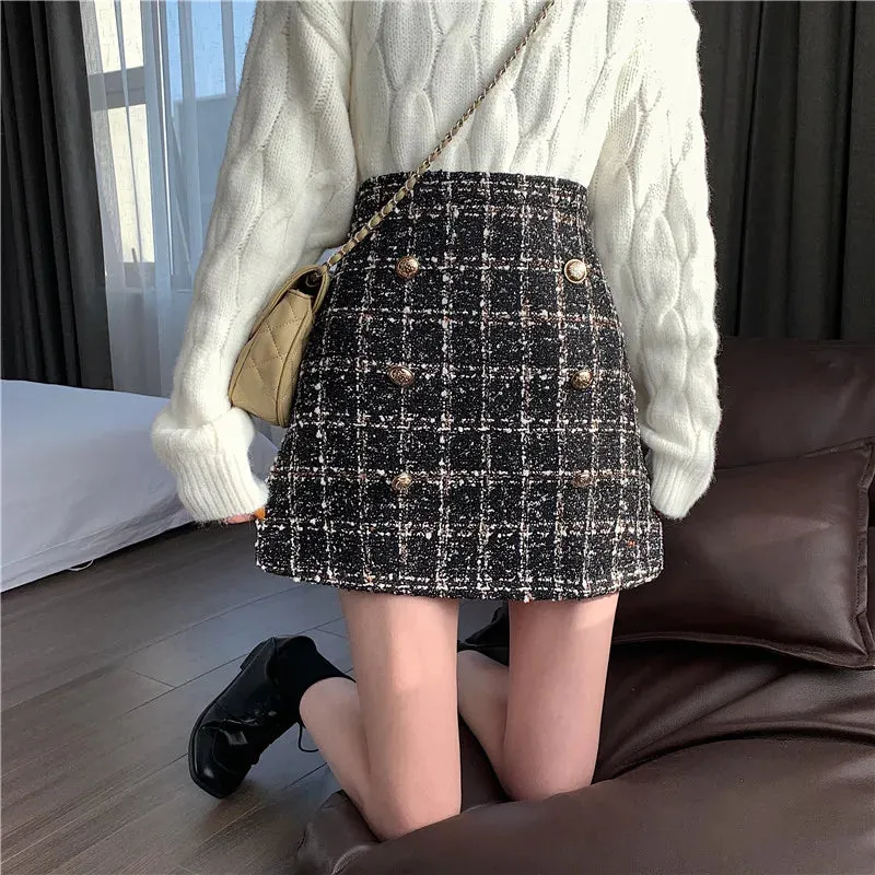 Toleet-Women's Tweed Skirt with Front Gold Button Textured High Waist Glittery Mini Skirt Autumn Winter Classic Outfit