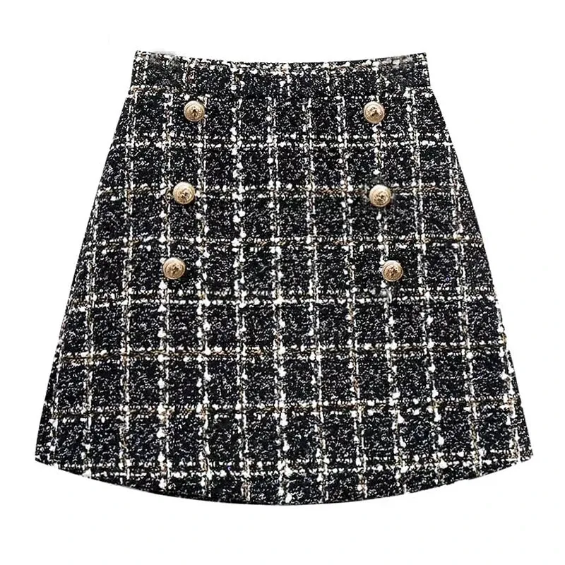 Toleet-Women's Tweed Skirt with Front Gold Button Textured High Waist Glittery Mini Skirt Autumn Winter Classic Outfit