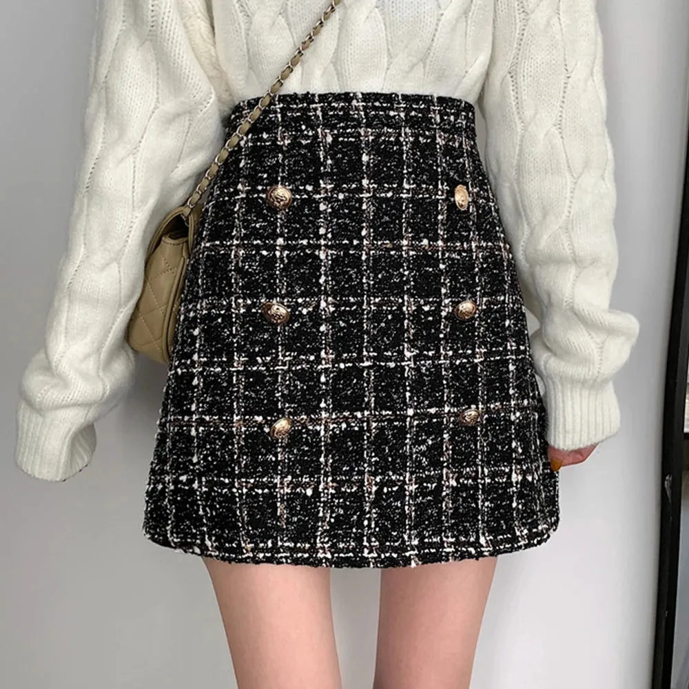 Toleet-Women's Tweed Skirt with Front Gold Button Textured High Waist Glittery Mini Skirt Autumn Winter Classic Outfit