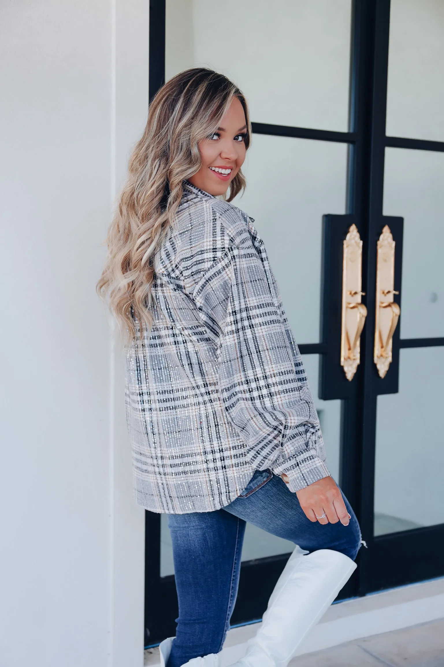 Too Fabulous Flannel Sequined Shacket - Grey