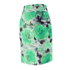 Turquoise Flower Pencil Skirt, Best Blue Floral Rose Designer Women's Pencil Skirt - Made in USA (Size XS-2XL)