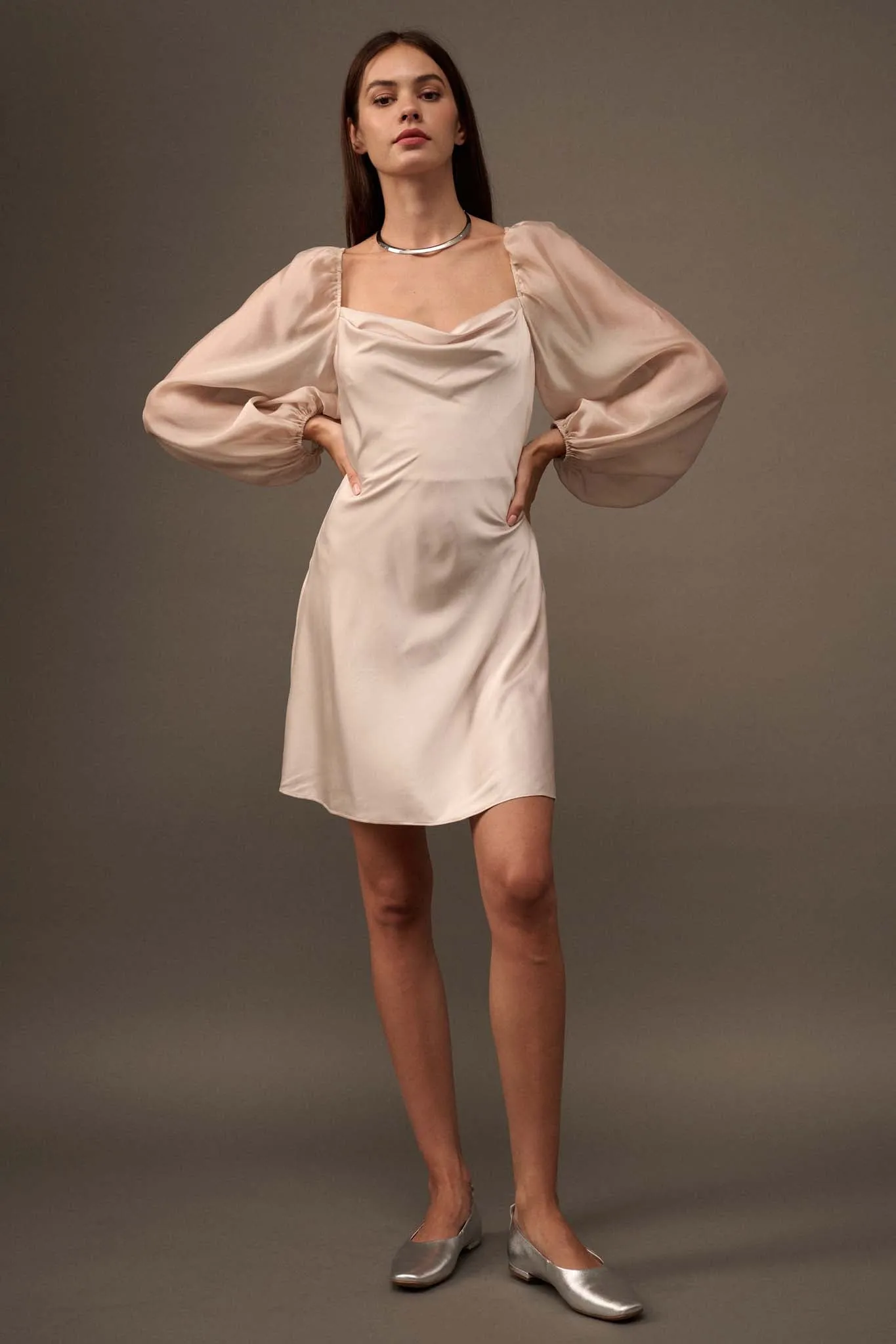 Undercover Angel Balloon-Sleeve Satin Mini Dress