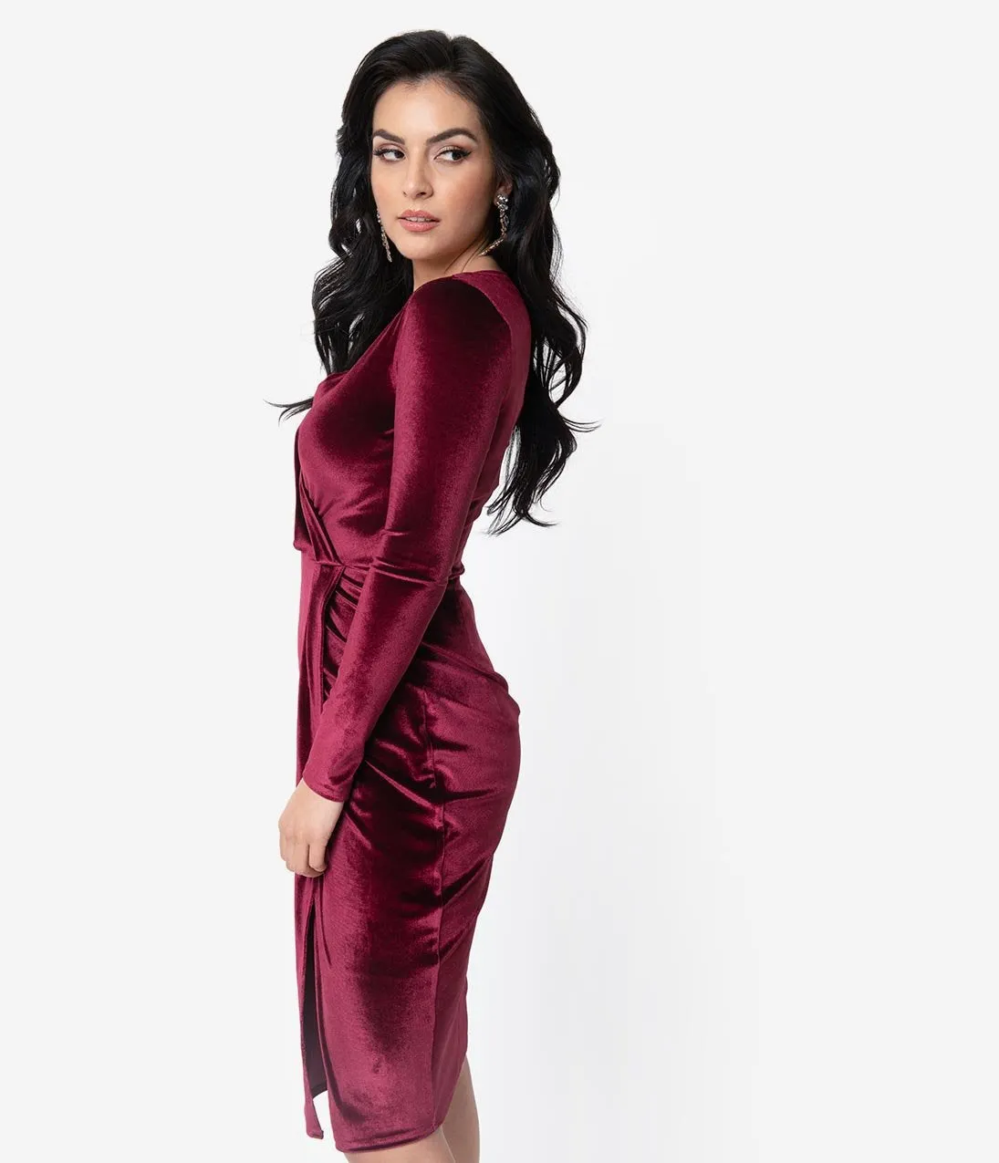 Unique Vintage Merlot Red Velvet Long Sleeve Damsel Wiggle Dress