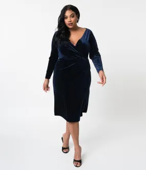 Unique Vintage Plus Size Navy Blue Velvet Long Sleeve Damsel Wiggle Dress