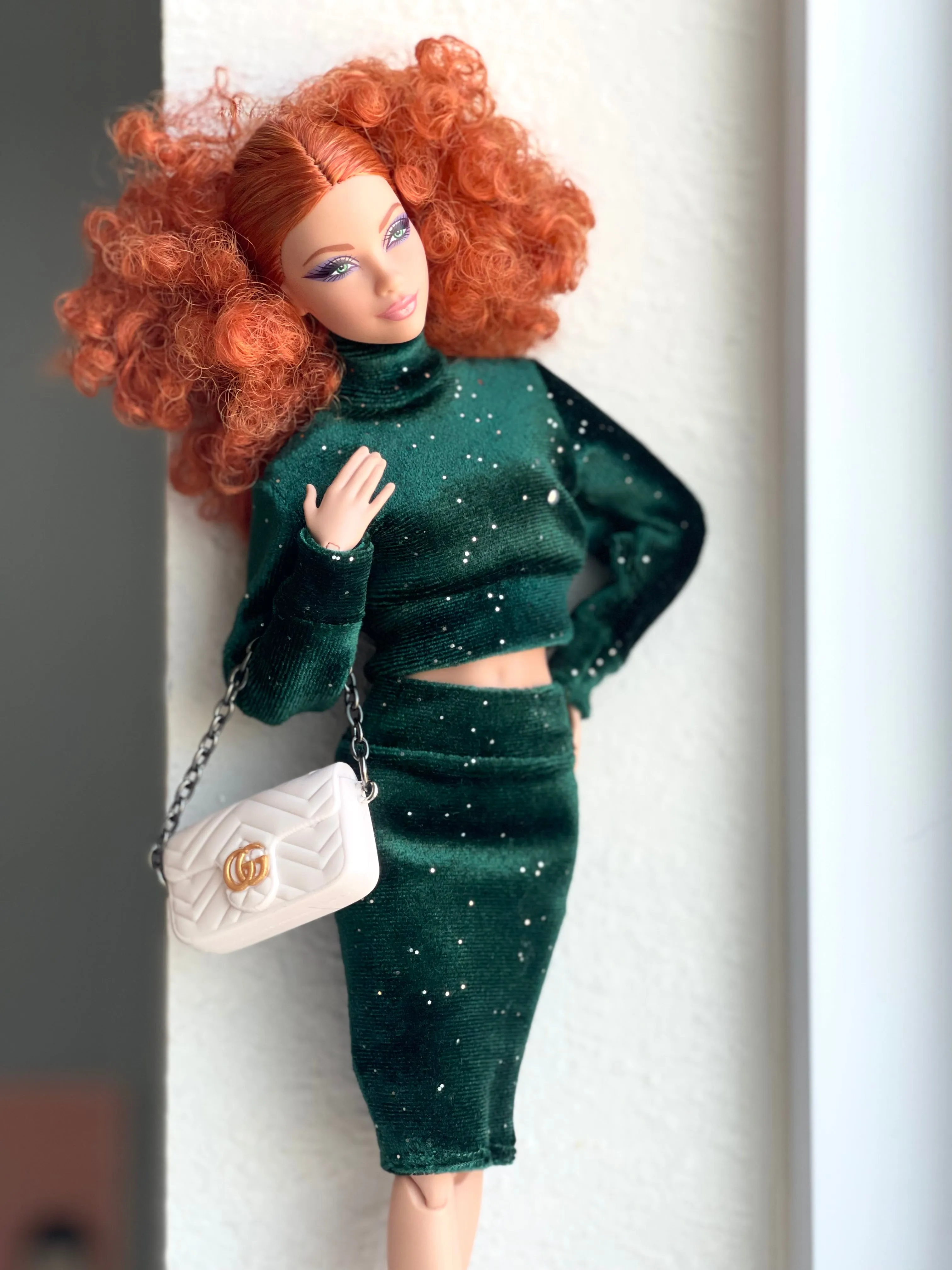 Velvet crop top and pencil skirt for fashion dolls