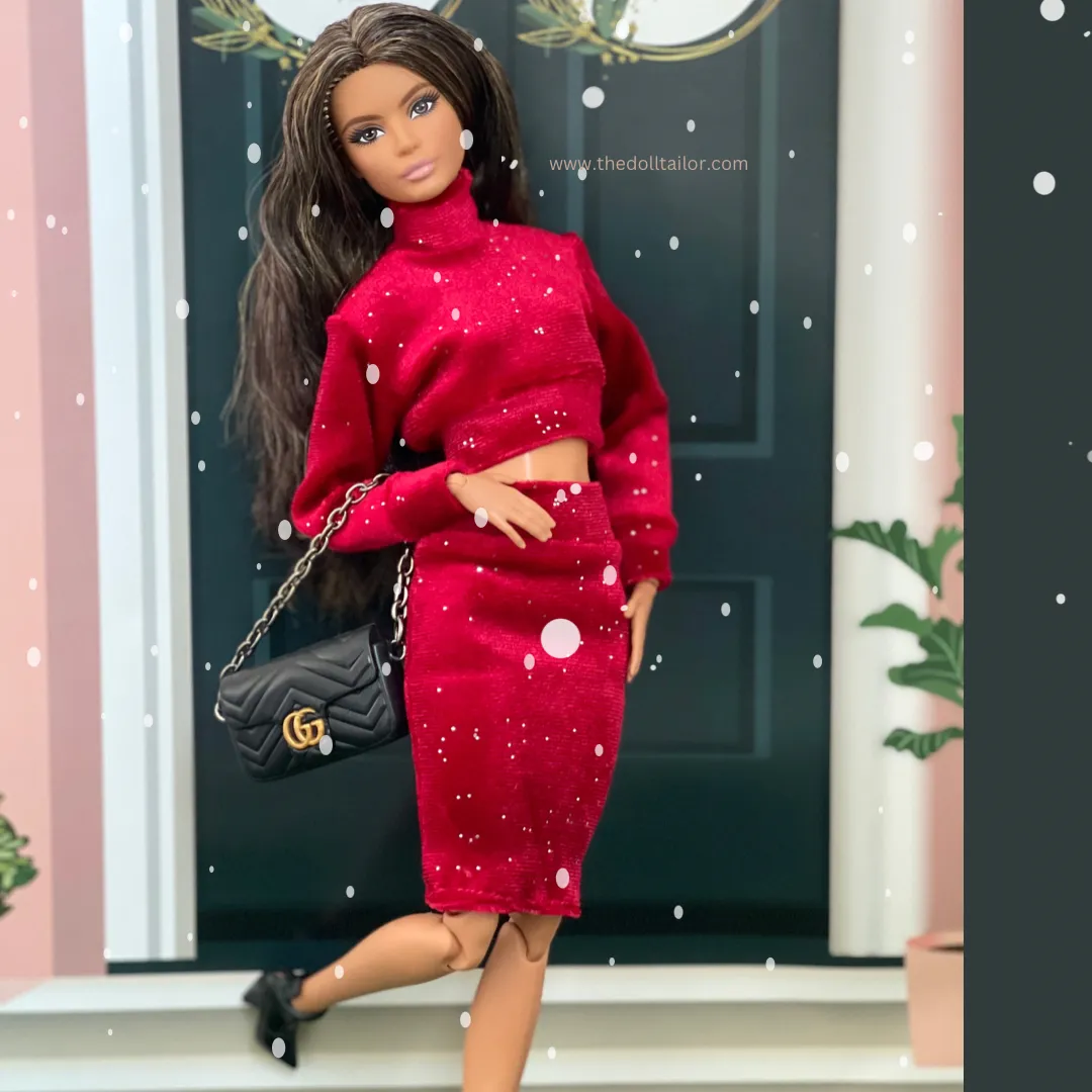 Velvet crop top and pencil skirt for fashion dolls