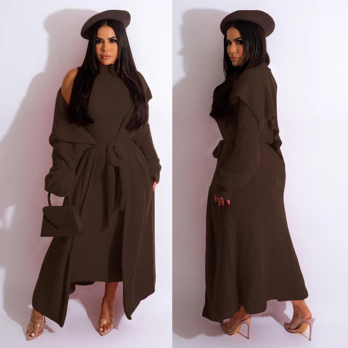 Velvet Long Cardigan Two-Piece Suit for Autumn and Winter, Elegant Dress