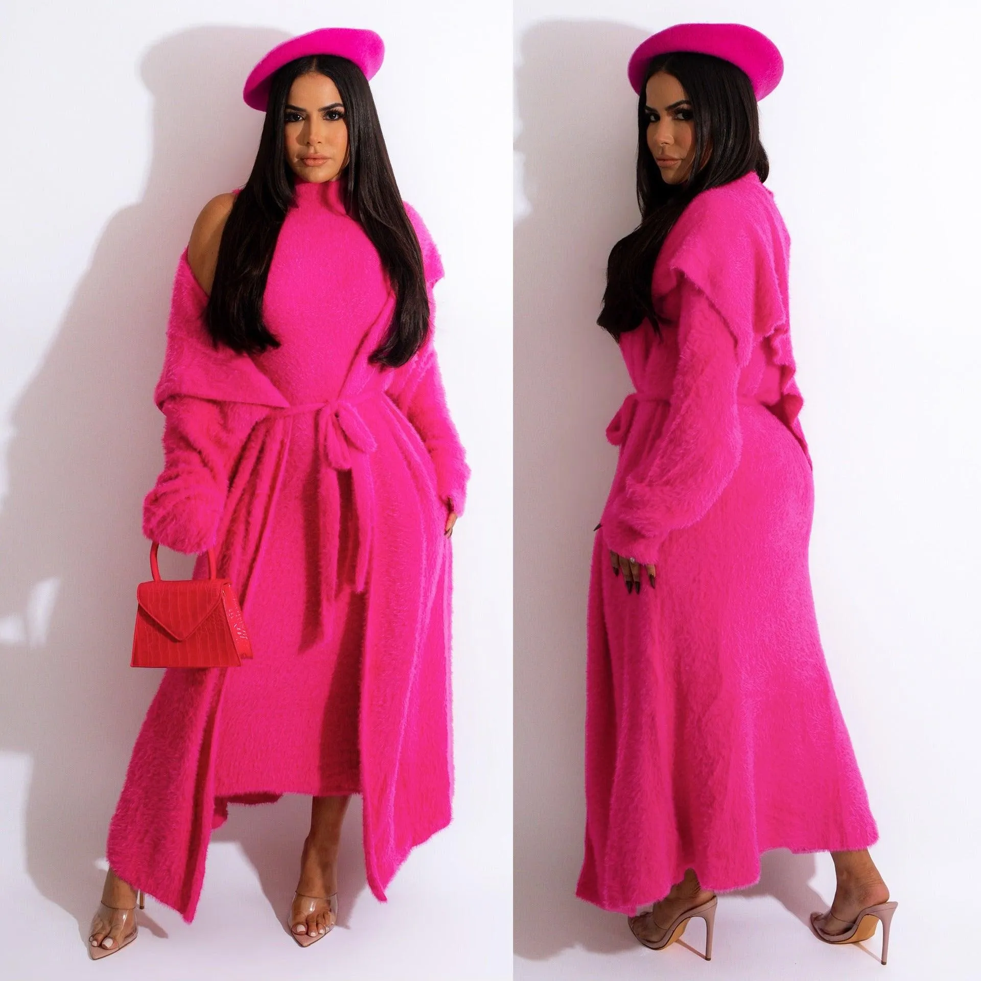 Velvet Long Cardigan Two-Piece Suit for Autumn and Winter, Elegant Dress