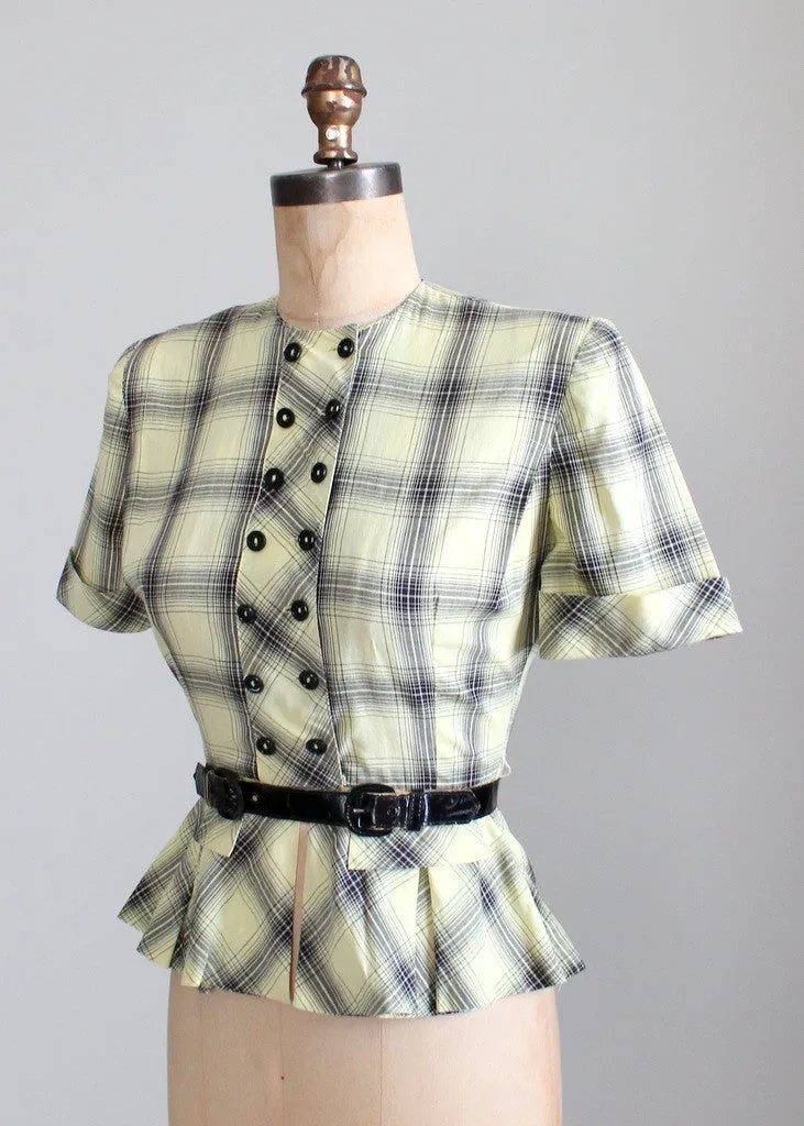 Vintage 1940s Yellow Plaid Peplum Blouse