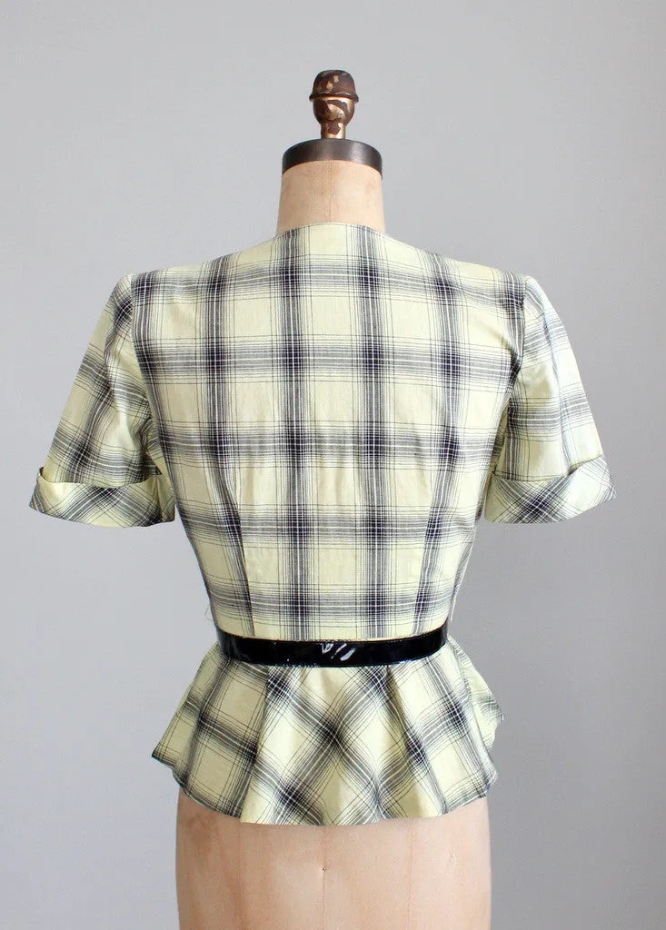 Vintage 1940s Yellow Plaid Peplum Blouse