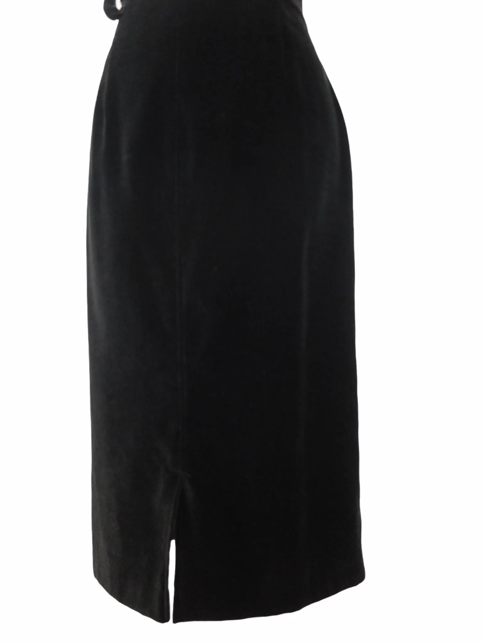 Vintage 80s Grunge Chic Black Velvet High Waisted Straight Midi Below-the-Knee Pencil Skirt with Back Slit | 29 Inch Waist