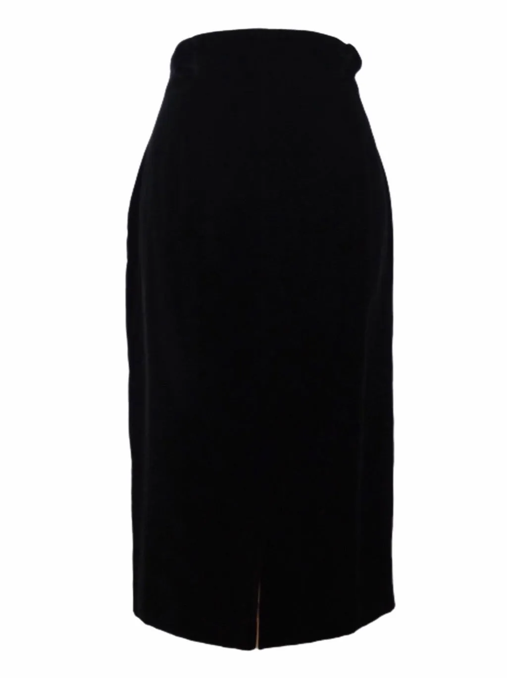 Vintage 80s Grunge Chic Black Velvet High Waisted Straight Midi Below-the-Knee Pencil Skirt with Back Slit | 29 Inch Waist