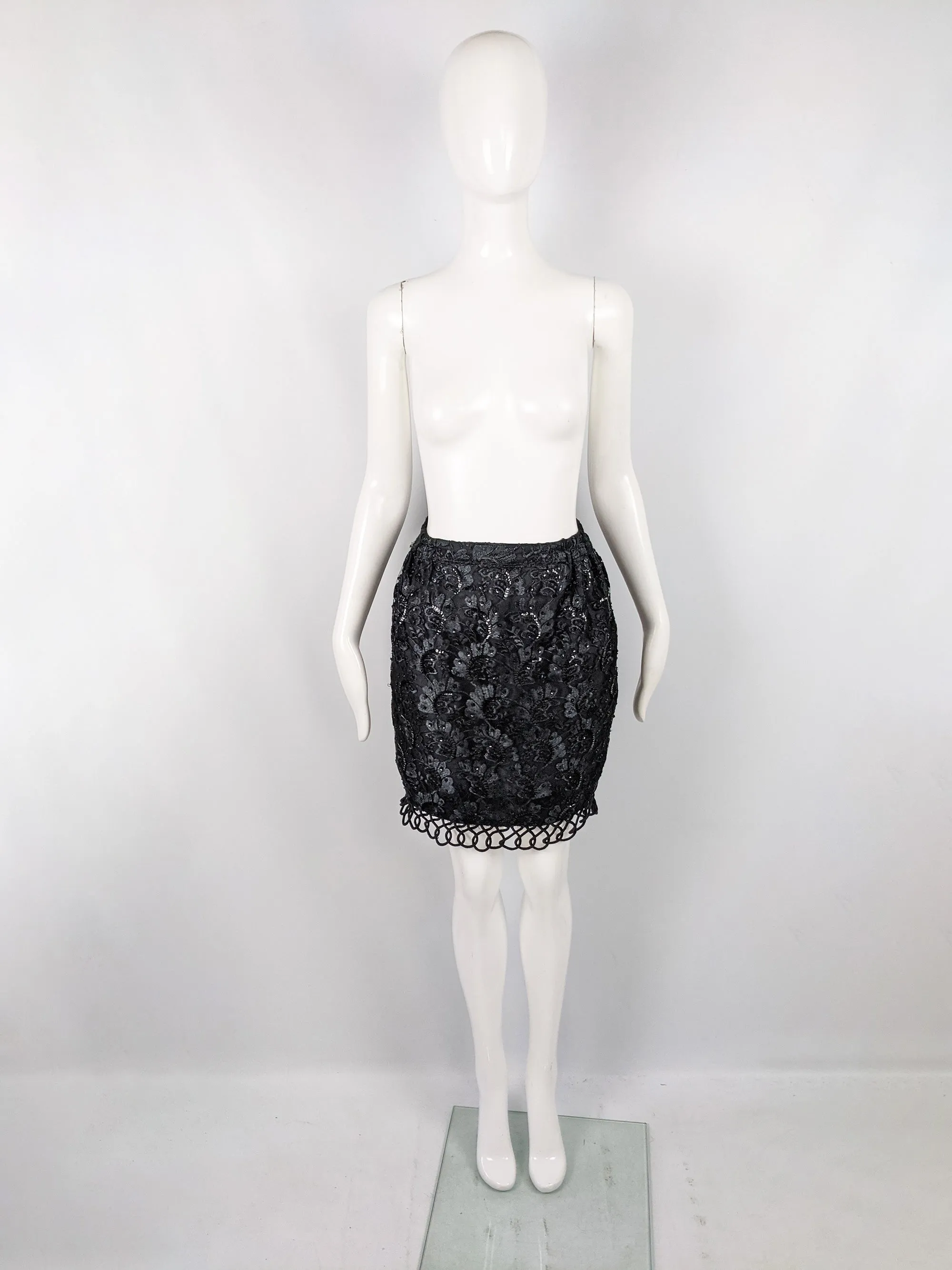 Vintage Black Embroidered Lace & Sequin Party Skirt, 1980s