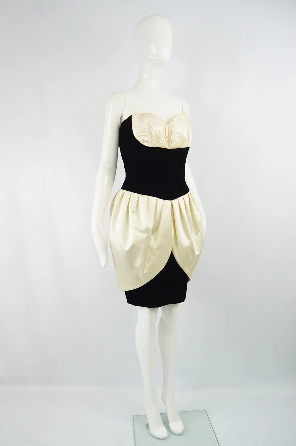 Vintage Black Velvet & Ivory Silk Satin Party Dress, 1980s