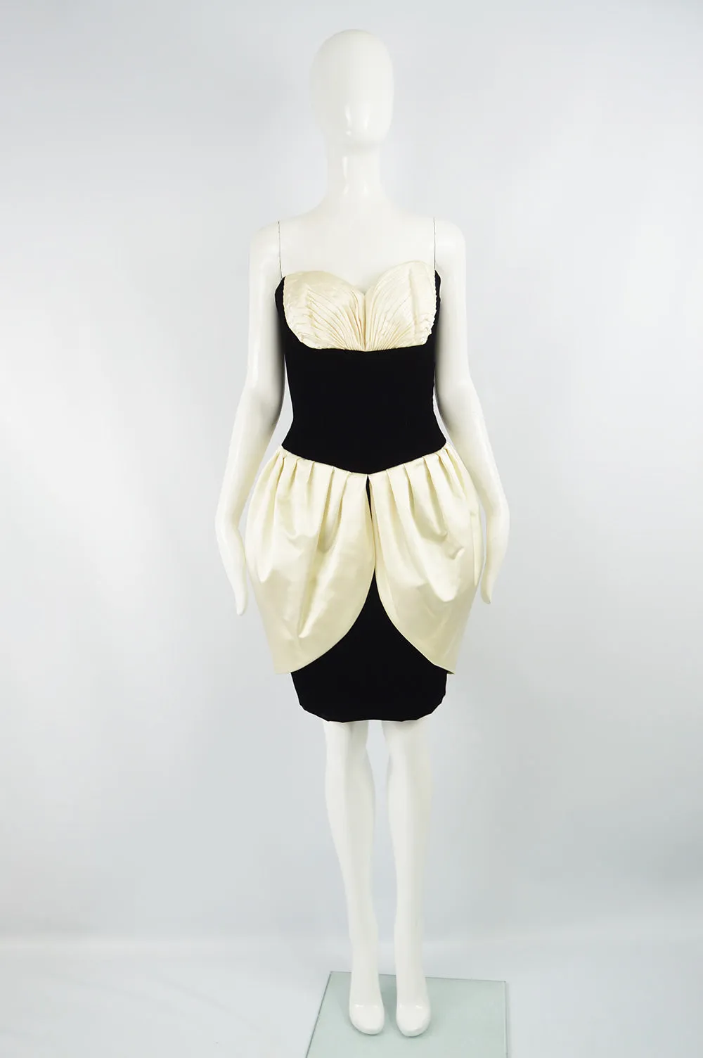 Vintage Black Velvet & Ivory Silk Satin Party Dress, 1980s