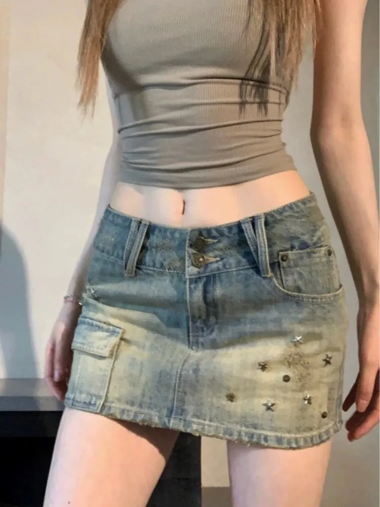 Vintage Denim Mini Skirt Women Trashy Y2k 2000s Low Waist Sexy Star Rivet Distressed Slim Pencil Skirt Gyaru Streetwear