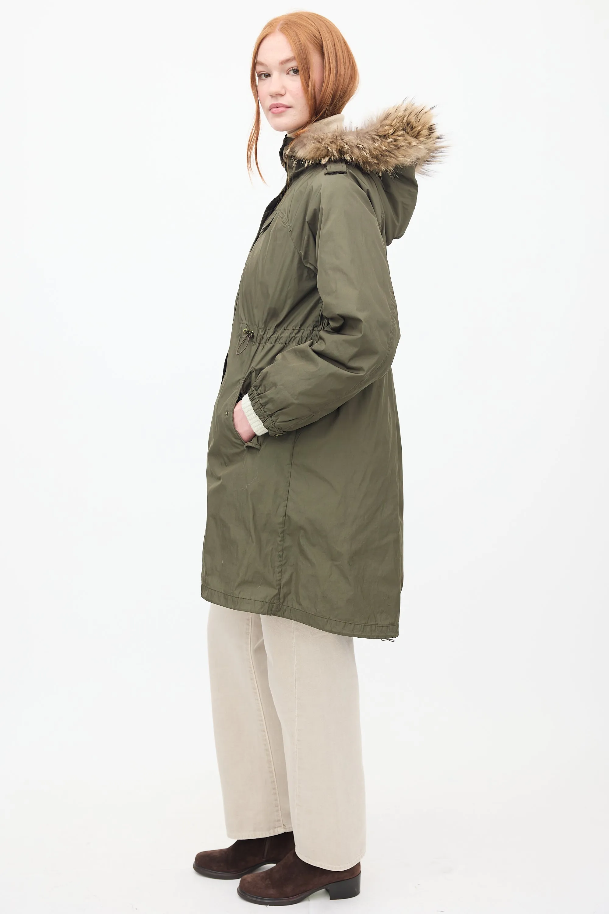 Weekend Green Fur Trim Padded Anorak Coat