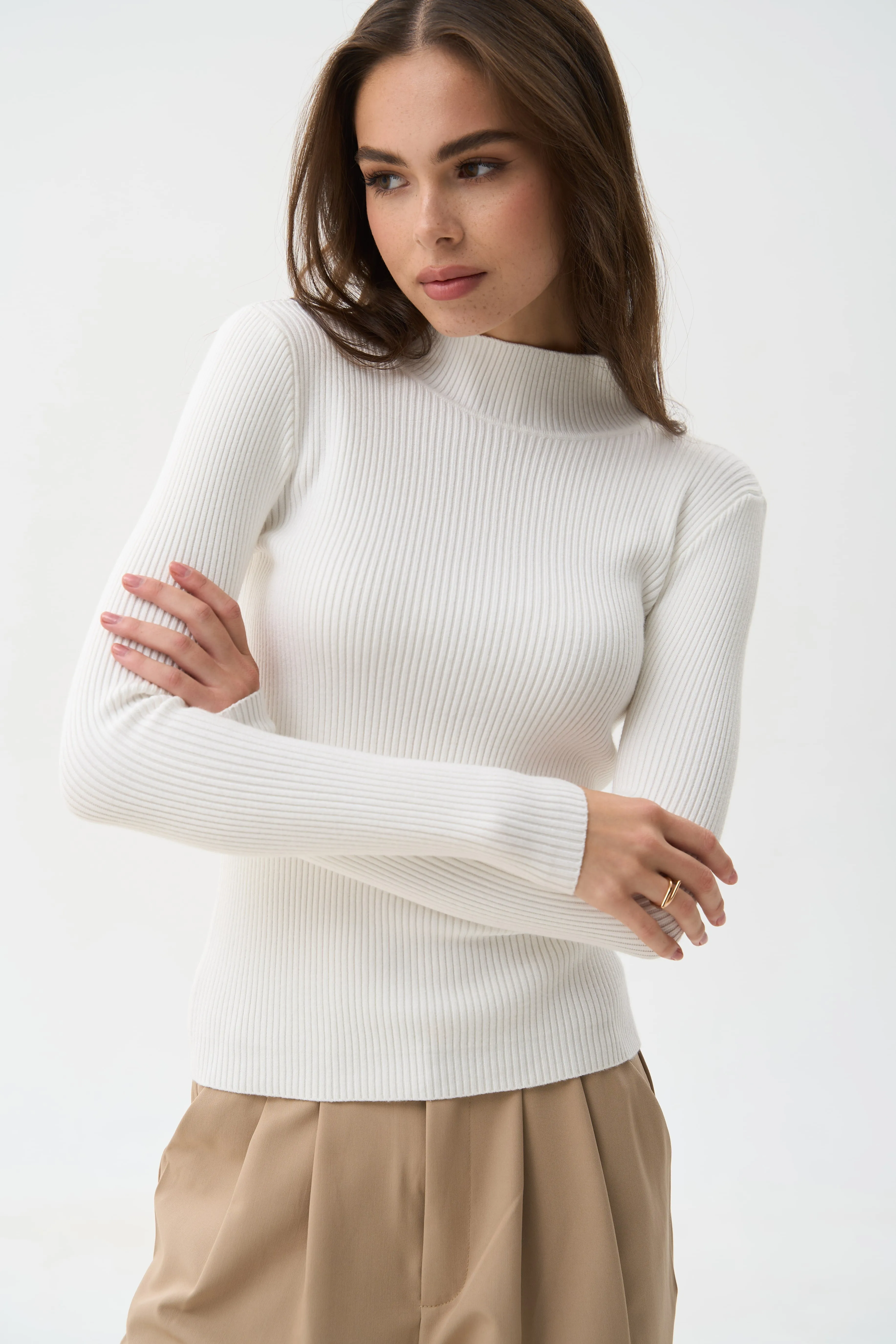 White Rib Knit Turtleneck Sweater