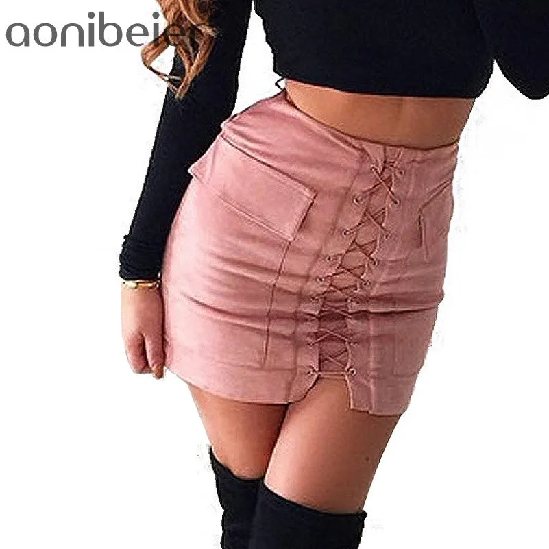 Women Autumn Lace-up Pencil Skirt 2017 Winter Fashion Cross High Waist Fashion Zipper Split Bodycon Short Mini Skirts Above Knee