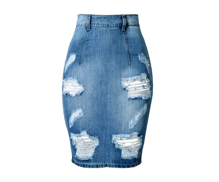 Women Clothing High Waist Figure Flattering Sheath Water Washed Hole Denim Women Skirt Back V Sexy