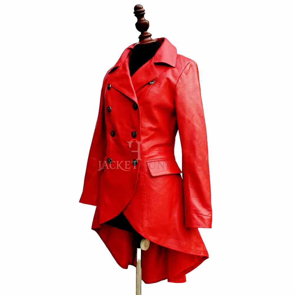 Women Double Breast Military Red Leather Coat